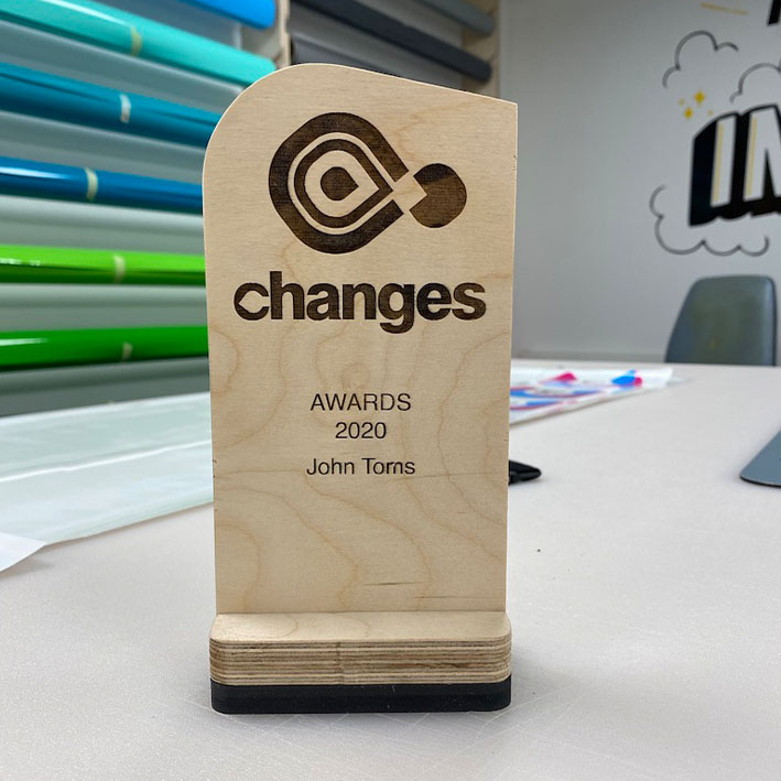 Custom birch ply awards with laser engraved logo